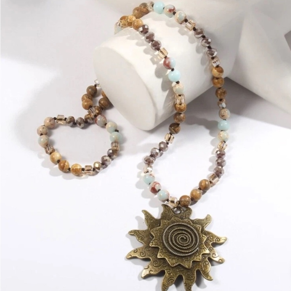 Bohemian Sun Pendant Necklace quality earthy tones beads golden sun